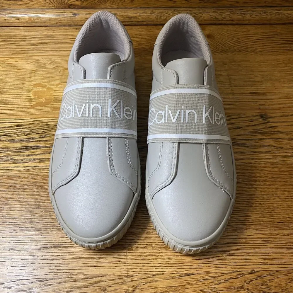 Calvin Klein Womens Clairen Slip On Sneakers Size 7 Light Gray Faux Leather